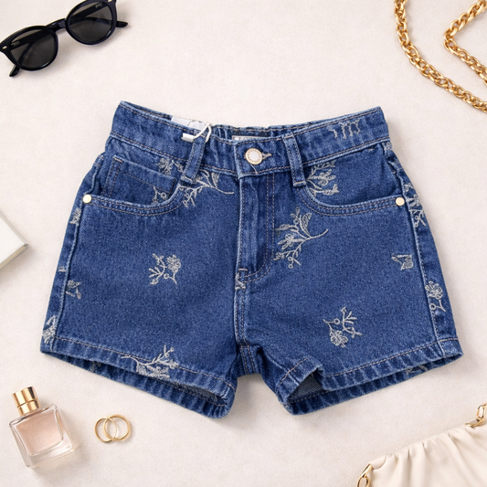 LOVEKINS Girls Dark Blue Floral Printed Denim Shorts (18M–6 Years)