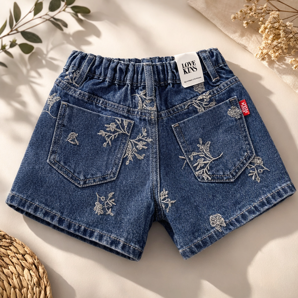 LOVEKINS Girls Dark Blue Floral Printed Denim Shorts (18M–6 Years)