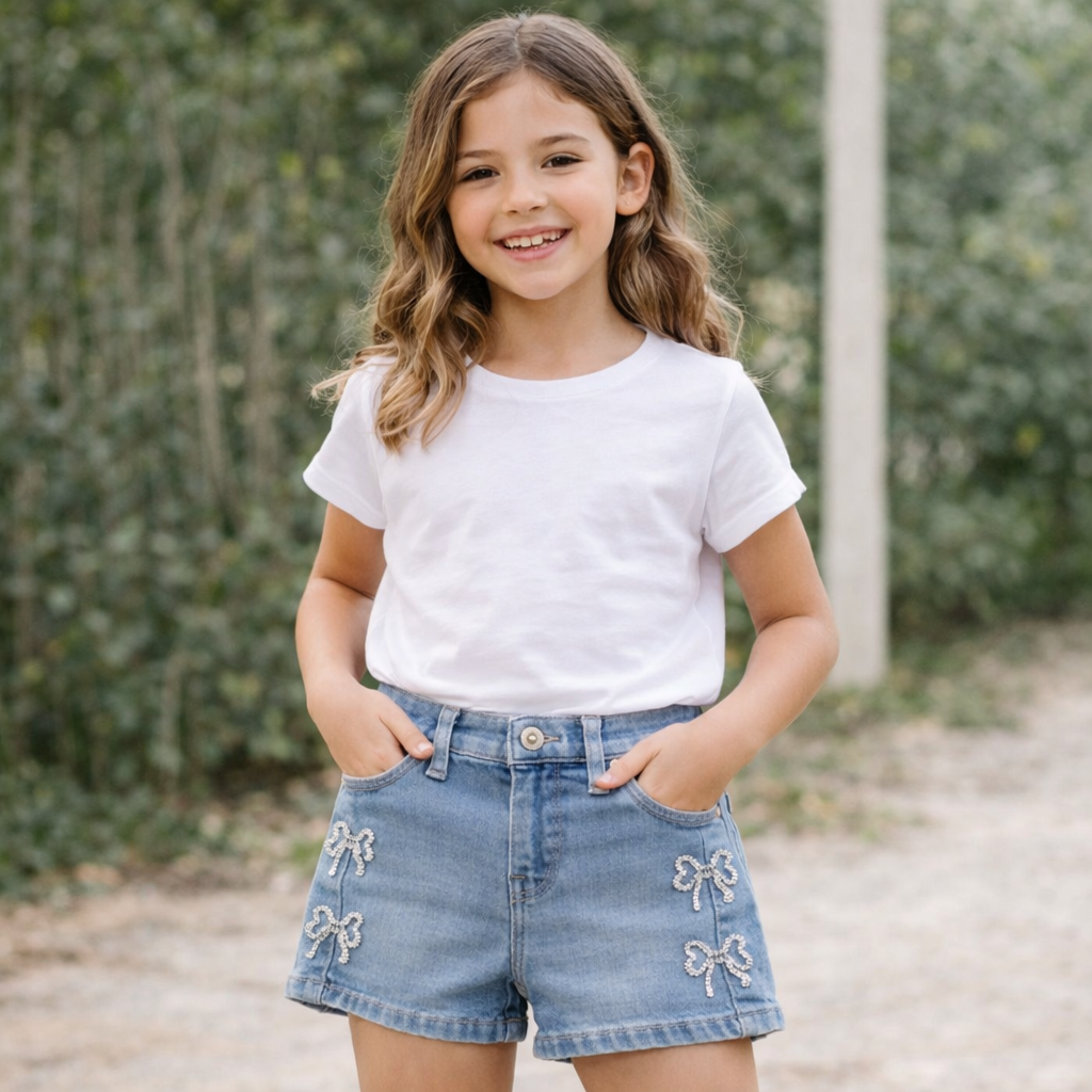LOVEKINS Girls Light Blue Bow Embroidered Denim Shorts (2–6 Years)