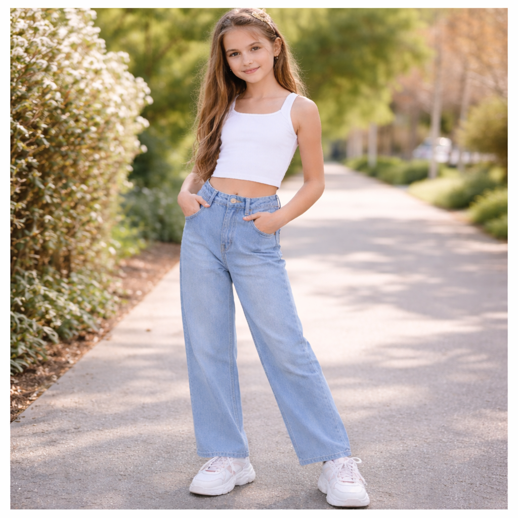 LOVEKINS Girls Light Blue Wide-Leg Denim Jeans | Soft Stretch Casual Jeans | Age 6–14+ Years