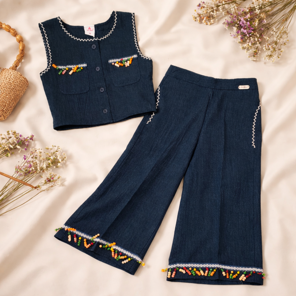 AIR GIRL Girls Denim Co-Ord Set – Sleeveless Embroidered Top & Wide Leg Pants Outfit for Girls (18 Months – 12 Years)