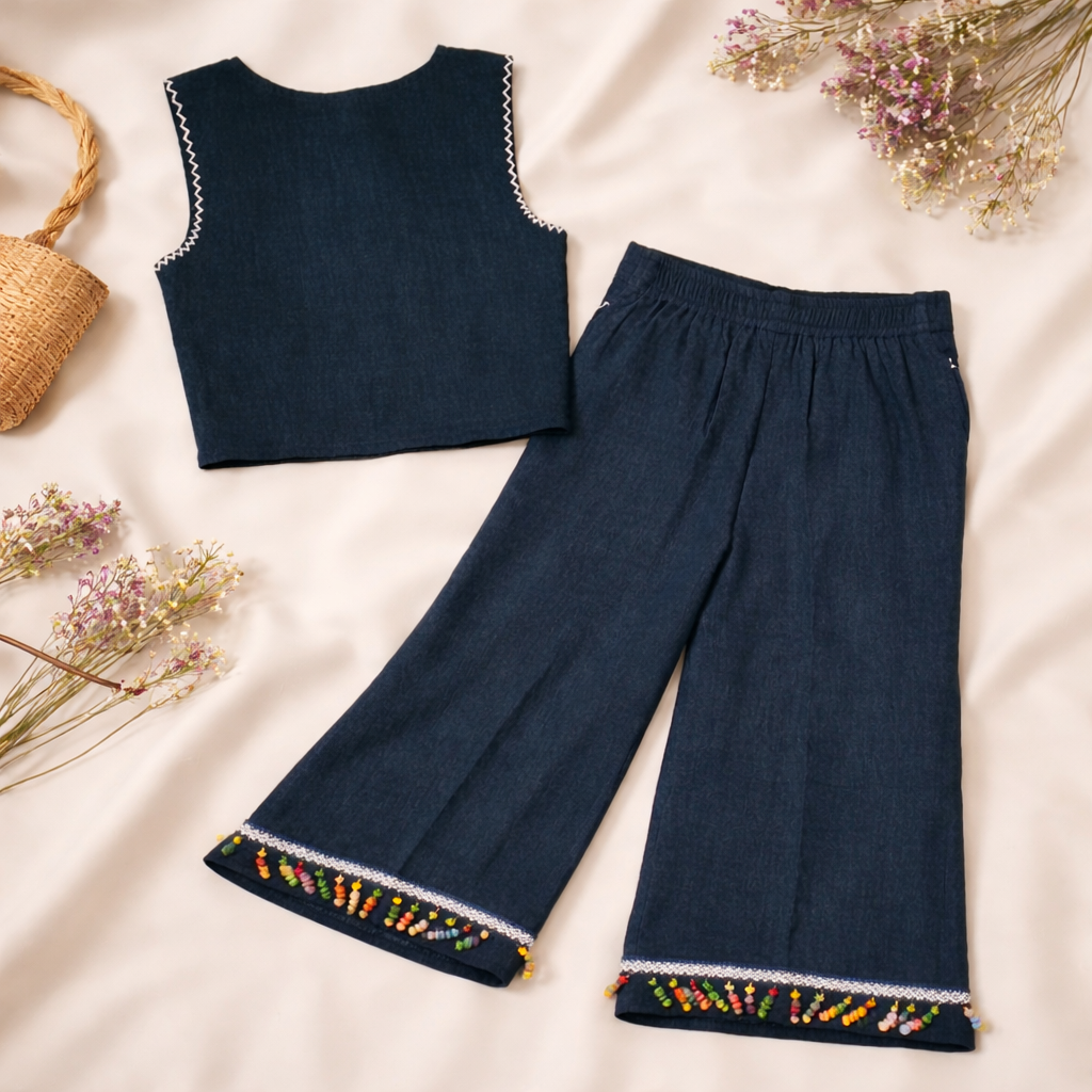AIR GIRL Girls Denim Co-Ord Set – Sleeveless Embroidered Top & Wide Leg Pants Outfit for Girls (18 Months – 12 Years)