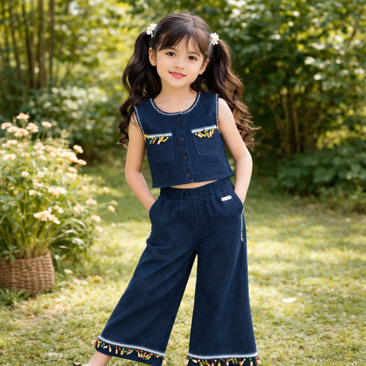 AIR GIRL Girls Denim Co-Ord Set – Sleeveless Embroidered Top & Wide Leg Pants Outfit for Girls (18 Months – 12 Years)