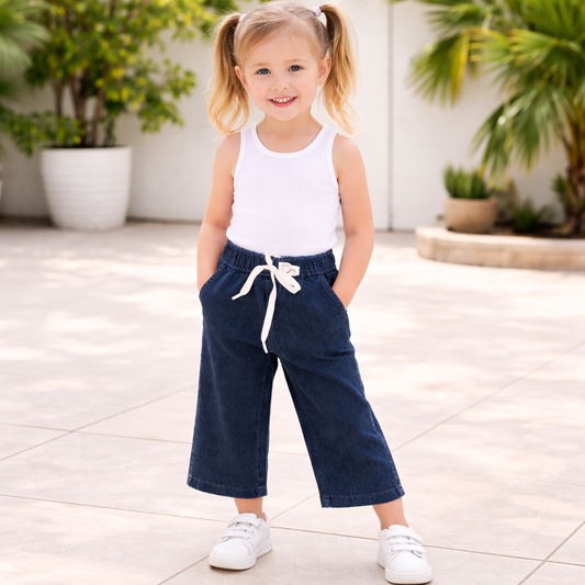 LOVEKINS Girls Denim Wide Leg Pants – Soft Elastic Waist Casual Jeans (18 Months – 6 Years)