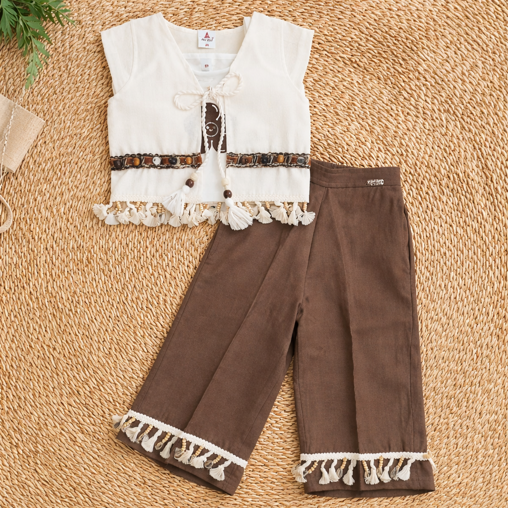 AIR GIRL Cream Tassel Top & Brown Pant Co-Ord Set for Girls (18 Months – 4 Years)