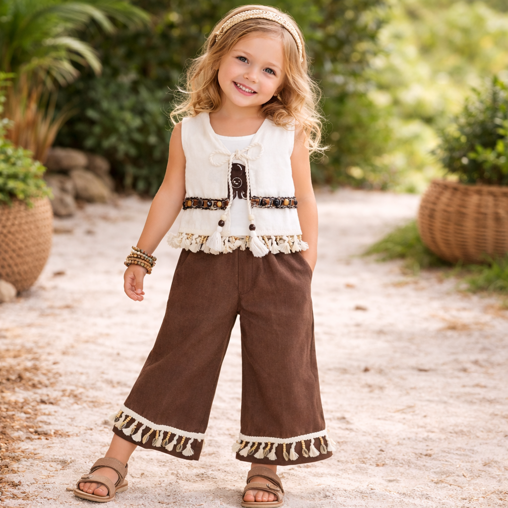 AIR GIRL Cream Tassel Top & Brown Pant Co-Ord Set for Girls (18 Months – 4 Years)