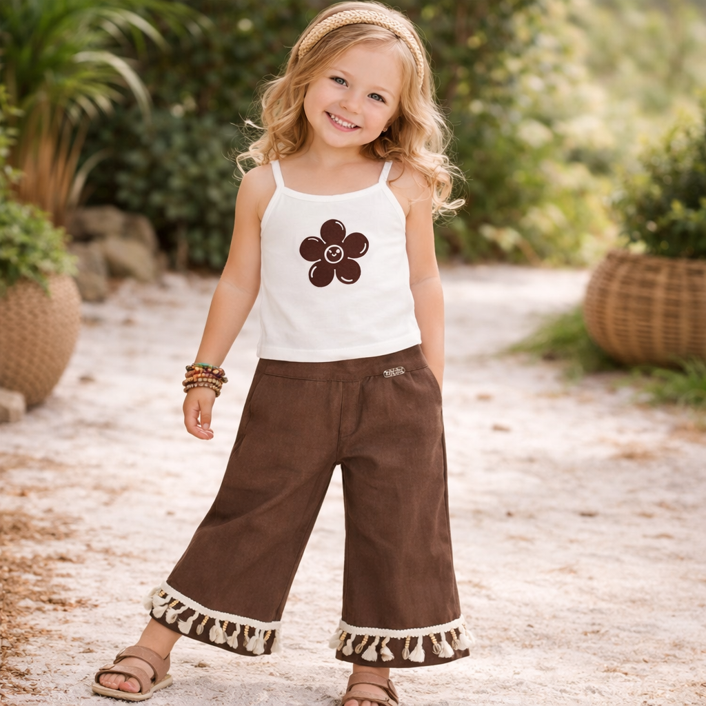 AIR GIRL Cream Tassel Top & Brown Pant Co-Ord Set for Girls (18 Months – 4 Years)