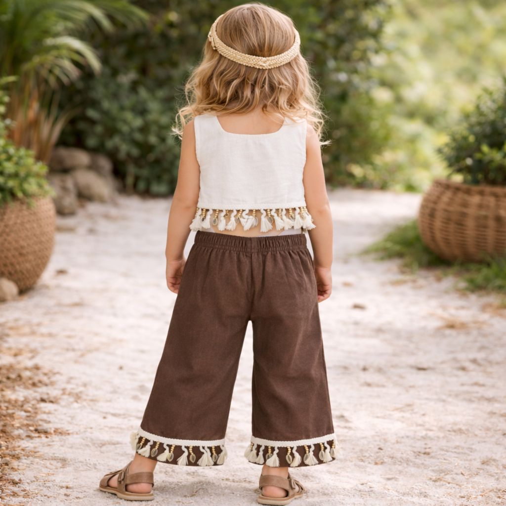 AIR GIRL Cream Tassel Top & Brown Pant Co-Ord Set for Girls (18 Months – 4 Years)