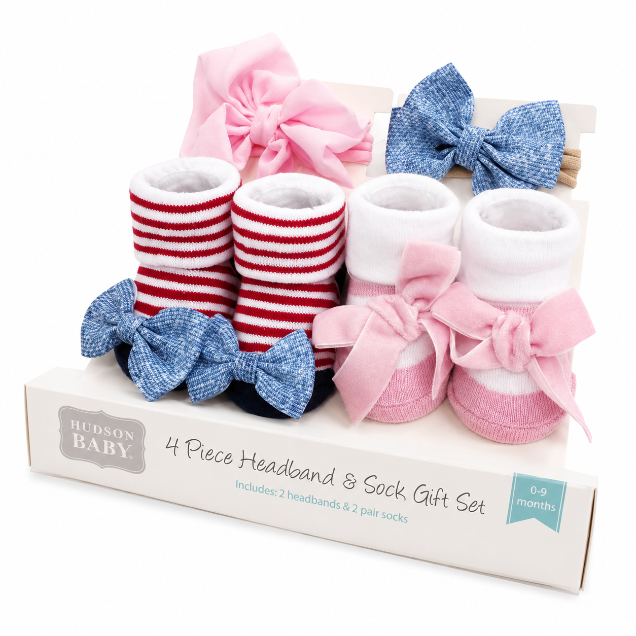 SMILE BABY Baby Girl Headband & Sock Gift Set – Pink Velvet Bow & Striped Sock Newborn Accessories Combo