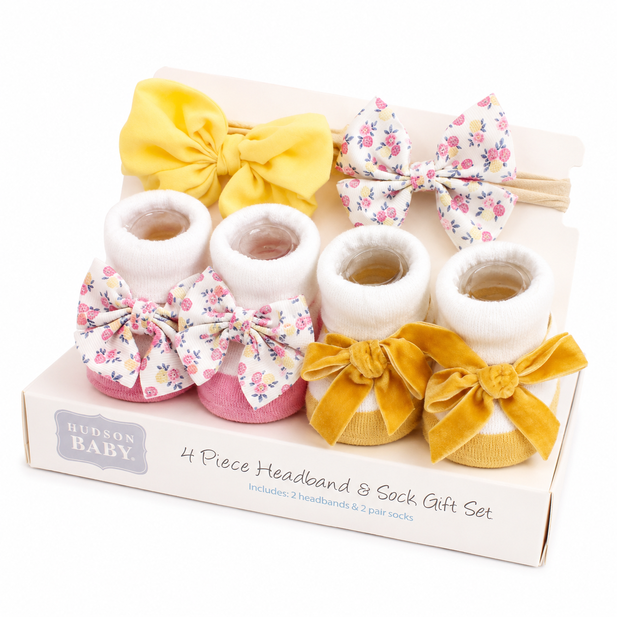 SMILE BABY Baby Girl Headband & Sock Gift Set – Yellow Velvet Bow & Floral Newborn Accessories Combo
