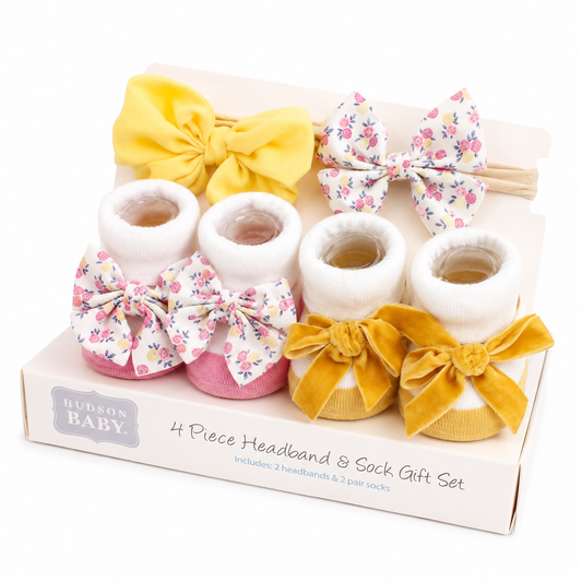 SMILE BABY Baby Girl Headband & Sock Gift Set – Yellow Velvet Bow & Floral Newborn Accessories Combo