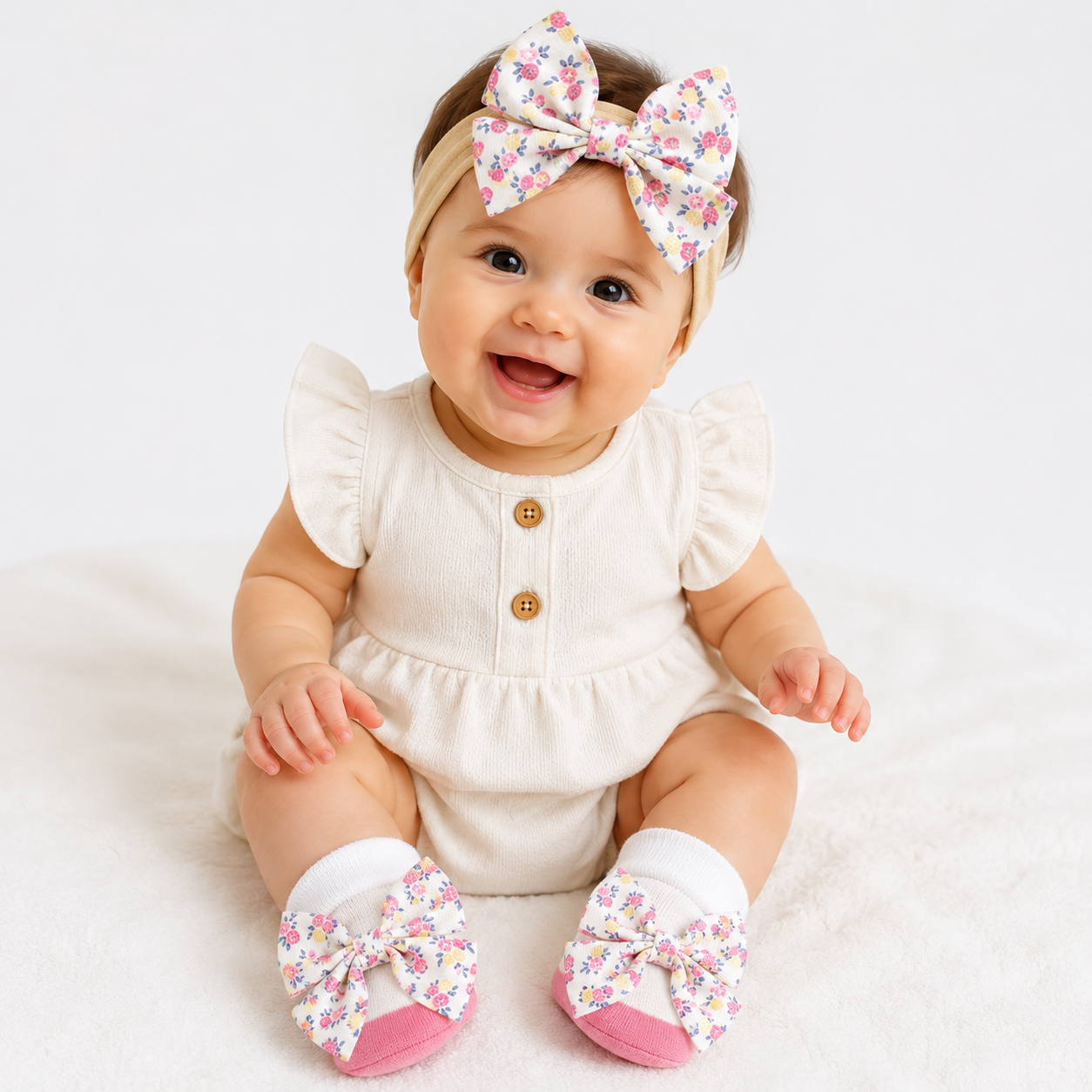 SMILE BABY Baby Girl Headband & Sock Gift Set – Yellow Velvet Bow & Floral Newborn Accessories Combo