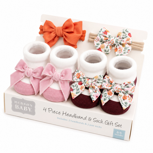 SMILE BABY Baby Girl Headband & Sock Gift Set – Floral Bow & Velvet Bow Newborn Accessories Combo