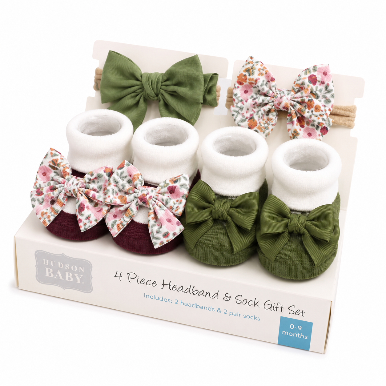 SMILE BABY Baby Girl Olive Green Headband & Sock Gift Set – Floral Bow Newborn Accessories Combo