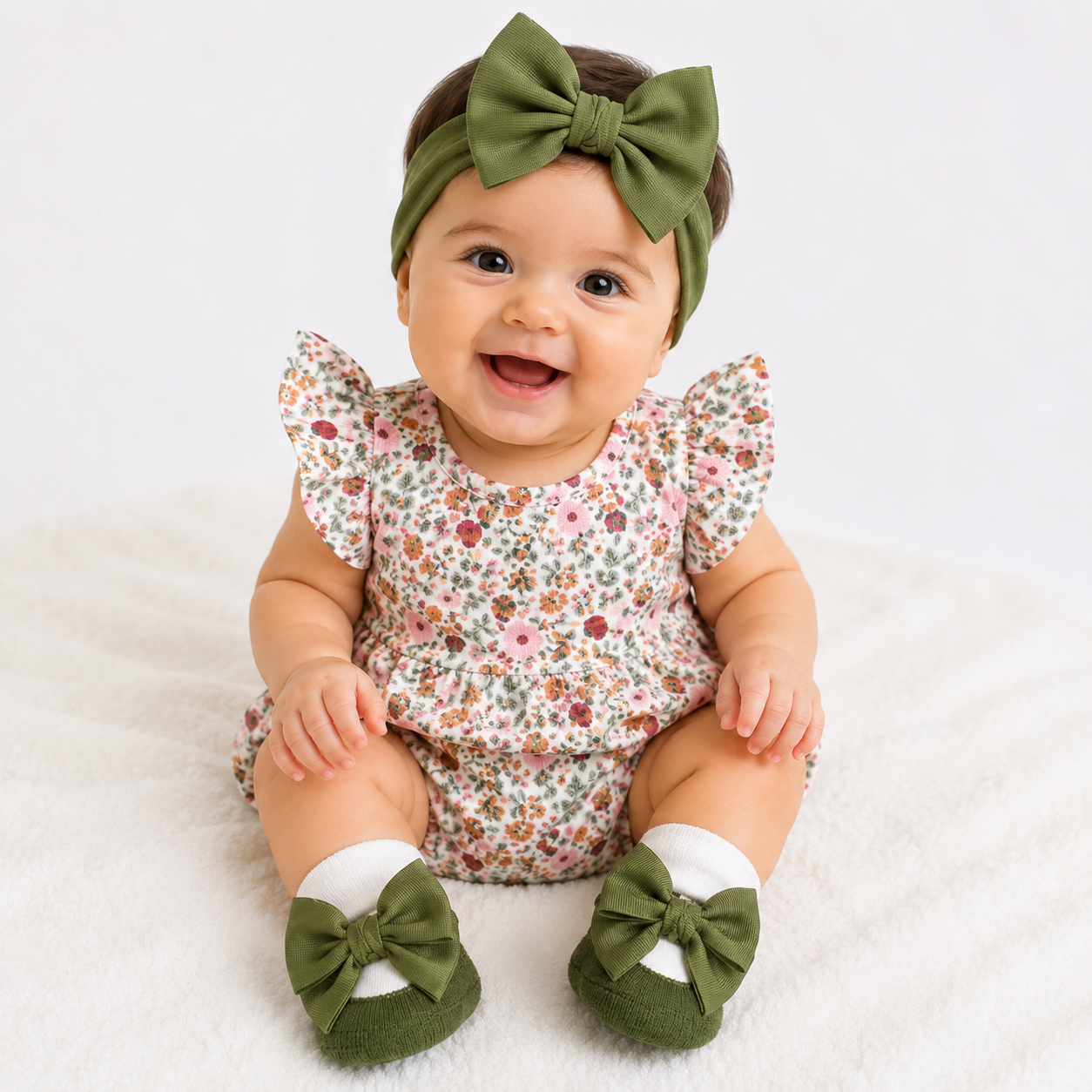 SMILE BABY Baby Girl Olive Green Headband & Sock Gift Set – Floral Bow Newborn Accessories Combo