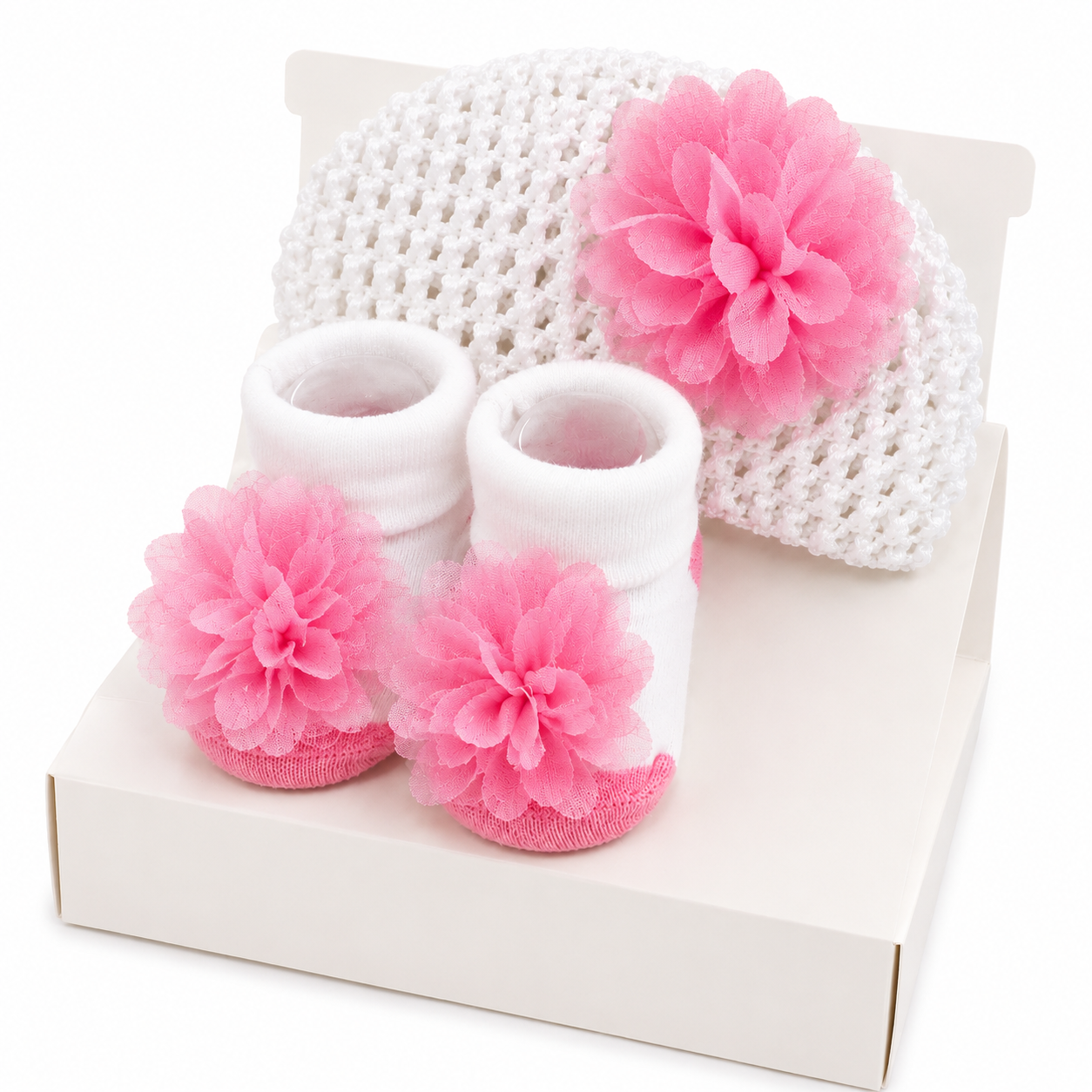 SMILE BABY Baby Girl Crochet Headband & Floral Sock Set – Soft Pink Flower Newborn Gift Set