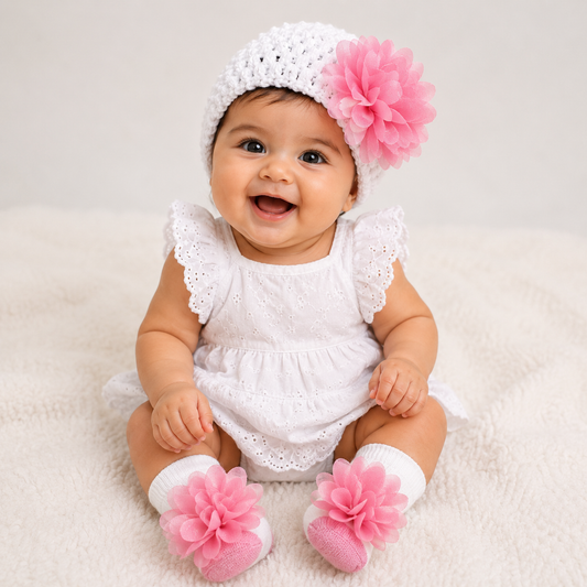 SMILE BABY Baby Girl Crochet Headband & Floral Sock Set – Soft Pink Flower Newborn Gift Set