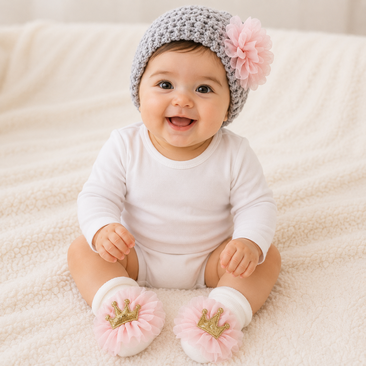 SMILE BABY Newborn Baby Girl Knit Hat & Socks Gift Set with Pink Flower and Crown Booties (0–9 Months)