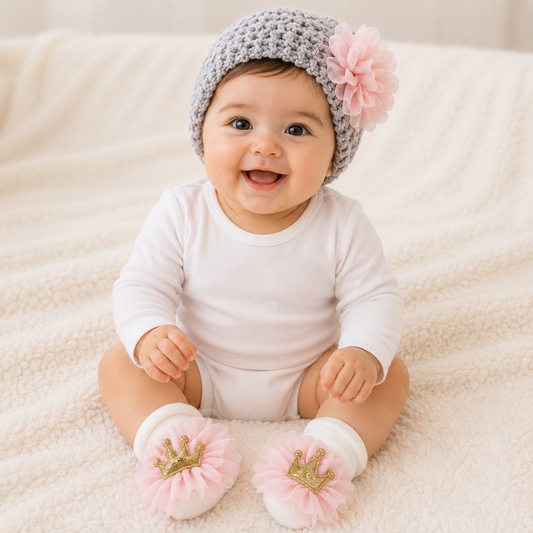 SMILE BABY Newborn Baby Girl Knit Hat & Socks Gift Set with Pink Flower and Crown Booties (0–9 Months)