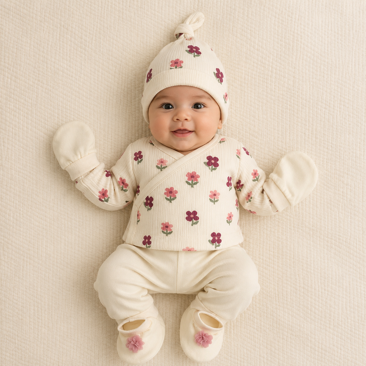 Smile Baby Newborn Baby Gift Set – Floral Knot Cap, Mittens & Booties Set for Infants – Soft Flower Print Baby Essentials Kit