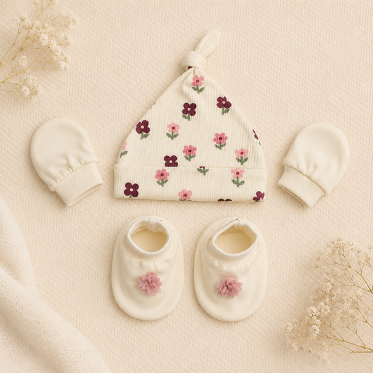 Smile Baby Newborn Baby Gift Set – Floral Knot Cap, Mittens & Booties Set for Infants – Soft Flower Print Baby Essentials Kit