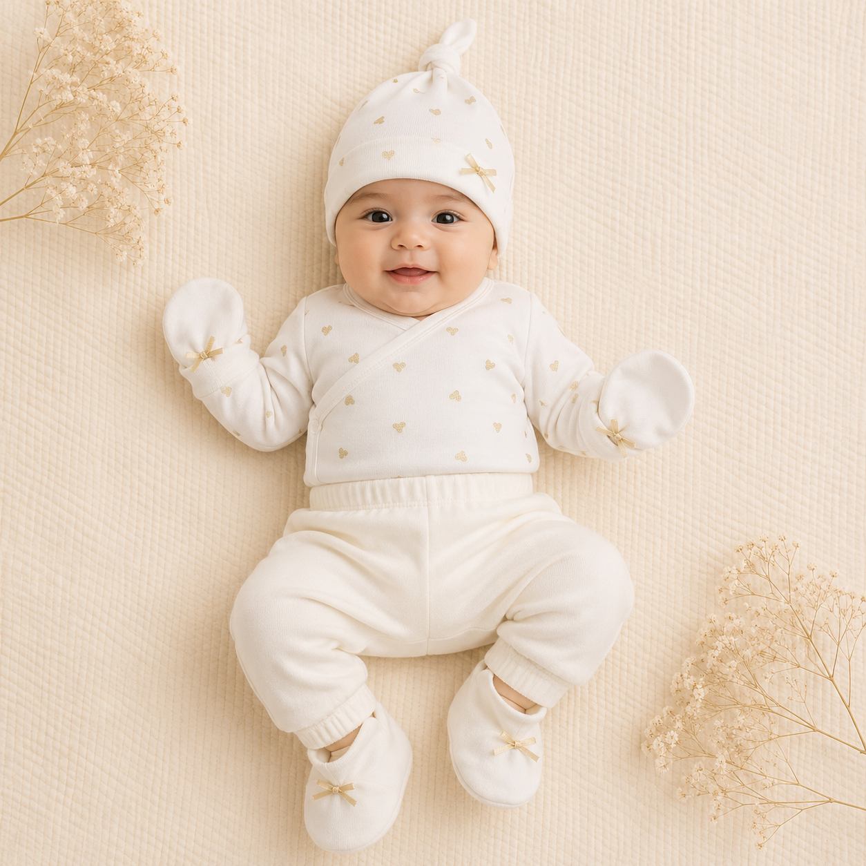 Smile Baby Newborn Baby Gift Set – Soft Knot Cap, Mittens & Booties Set for Infants – White Heart Print Baby Essentials Kit