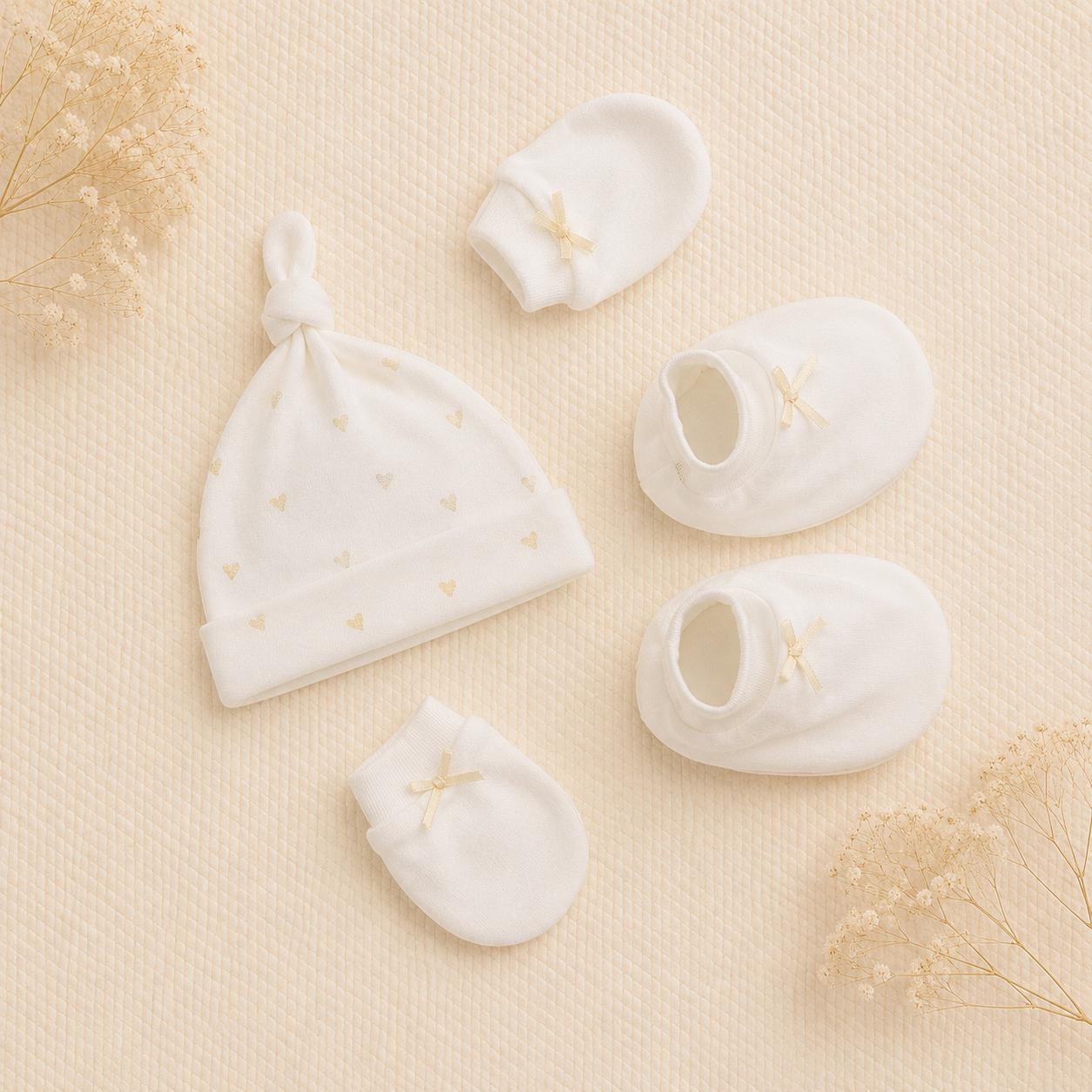 Smile Baby Newborn Baby Gift Set – Soft Knot Cap, Mittens & Booties Set for Infants – White Heart Print Baby Essentials Kit