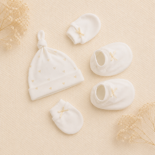 Smile Baby Newborn Baby Gift Set – Soft Knot Cap, Mittens & Booties Set for Infants – White Heart Print Baby Essentials Kit