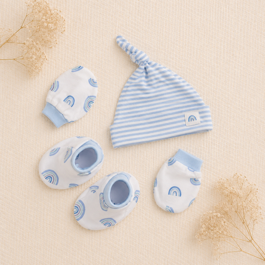 Smile Baby Newborn Baby Gift Set – Soft Knot Cap, Mittens & Booties Set for Infants – Blue Rainbow Print Baby Essentials Kit