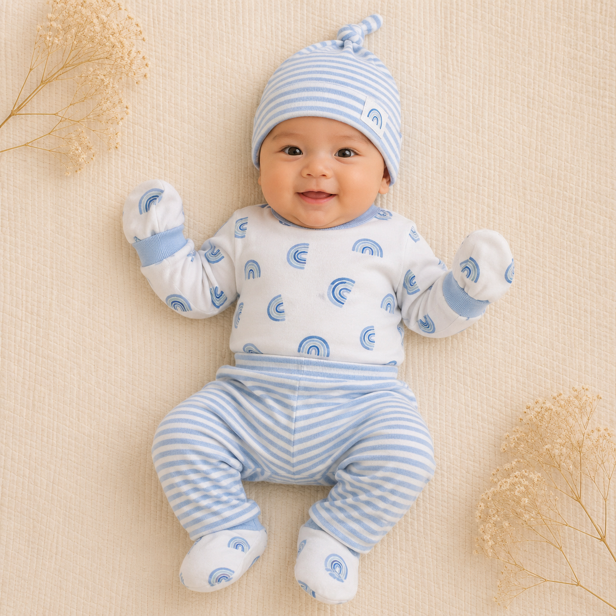 Smile Baby Newborn Baby Gift Set – Soft Knot Cap, Mittens & Booties Set for Infants – Blue Rainbow Print Baby Essentials Kit