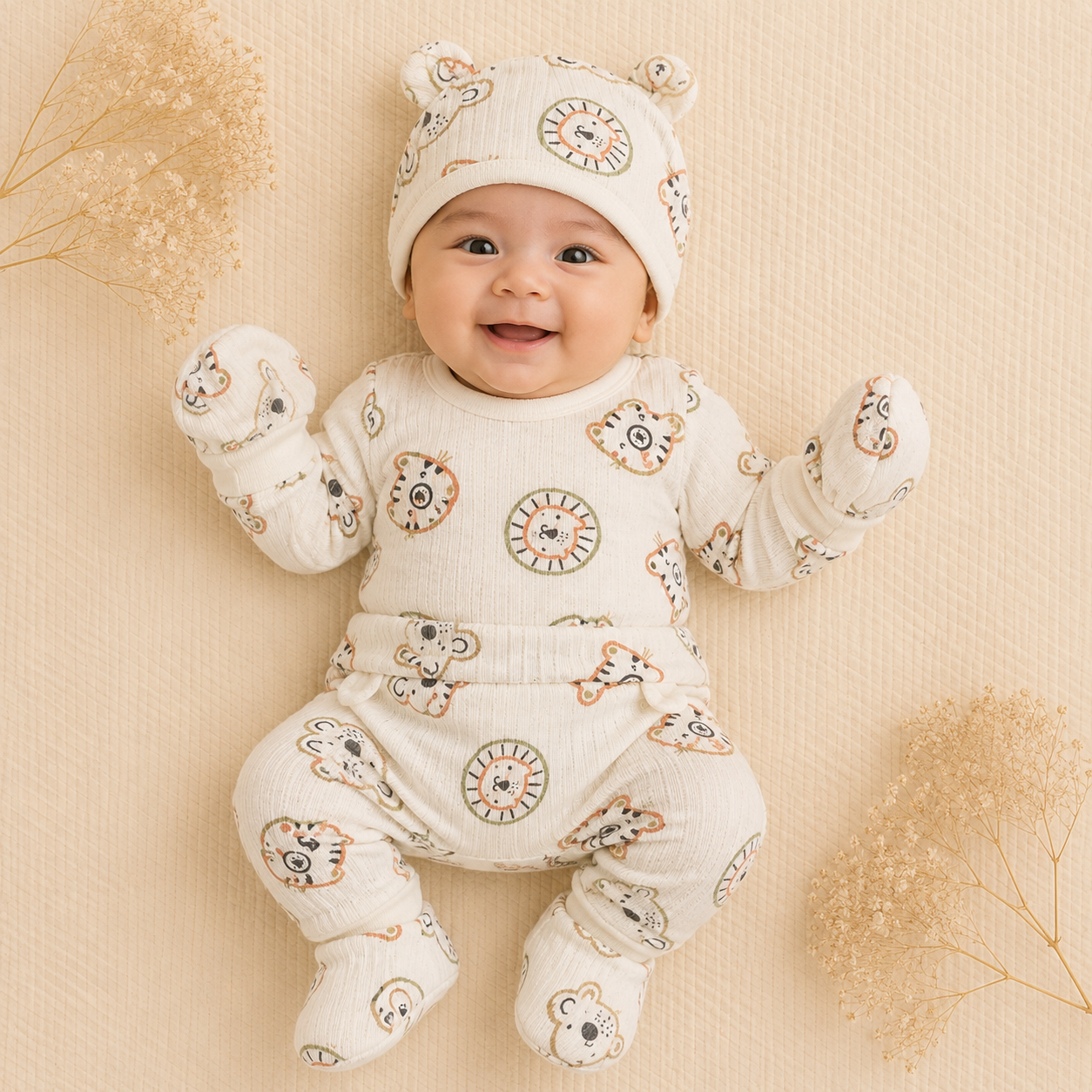 Smile Baby Newborn Baby Gift Set – Soft Cap, Mittens & Booties Set for Infants – Cute Animal Print Baby Essentials Kit