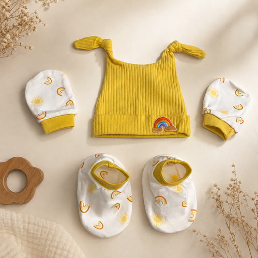 Smile Baby Newborn Baby Gift Set – Soft Knot Cap, Mittens & Booties Set for Infants – Yellow Rainbow Print Baby Essentials Kit