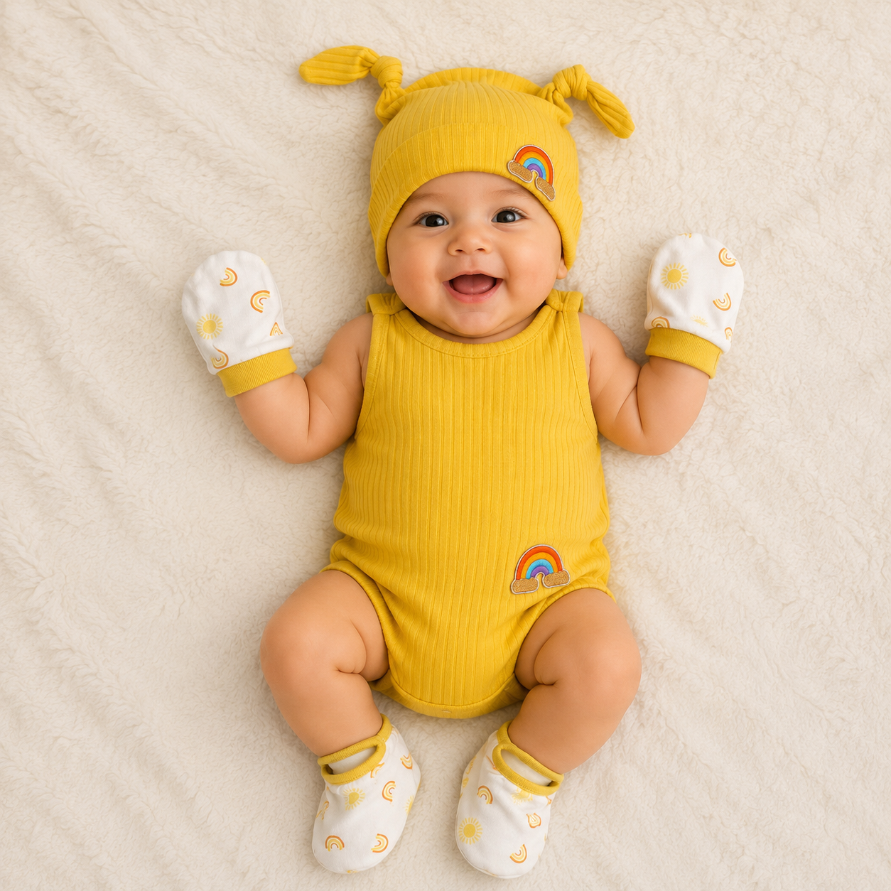 Smile Baby Newborn Baby Gift Set – Soft Knot Cap, Mittens & Booties Set for Infants – Yellow Rainbow Print Baby Essentials Kit