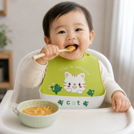 Smile Baby Silicone Baby Feeding Bib with Food Catcher Pocket – Waterproof Adjustable Bib for Babies & Toddlers – Cute Cat Design Green Bib