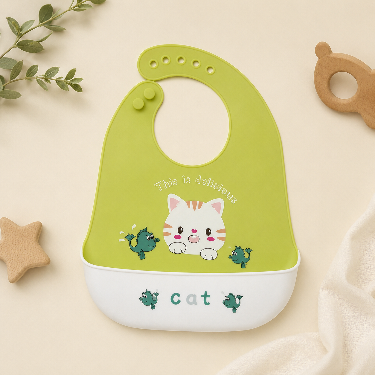 Smile Baby Silicone Baby Feeding Bib with Food Catcher Pocket – Waterproof Adjustable Bib for Babies & Toddlers – Cute Cat Design Green Bib