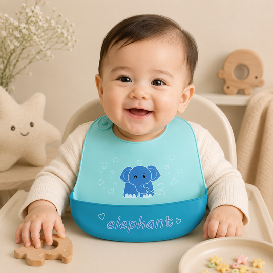 Smile Baby Silicone Baby Feeding Bib with Food Catcher Pocket – Waterproof Adjustable Bib for Babies & Toddlers – Cute Blue Elephant Design
