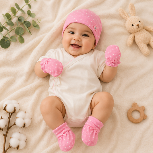 Smile Baby Newborn Baby Gift Set – Soft Cap, Mittens & Booties Set for Infants – Pink Polka Dot Baby Essentials Kit
