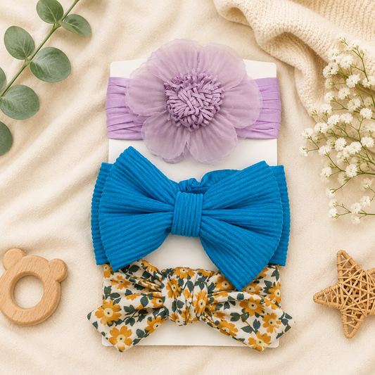 Smile Baby Baby Girl Headband Set – Soft Stretchy Bow & Floral Headbands for Infants, Babies & Toddlers – 3 Piece Hair Accessories Combo