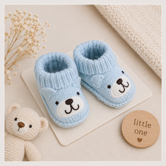 Smile Baby Newborn Baby Knitted Booties for Boys – Soft Warm Winter Baby Socks Shoes with Cute Bear Face Design – Sky Blue