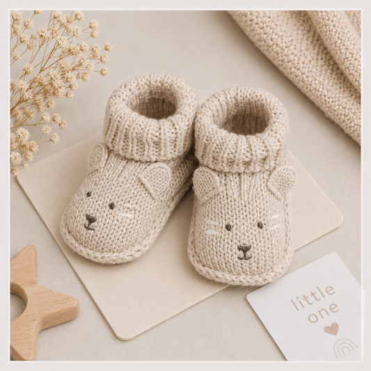 Smile Baby Newborn Knitted Booties for Babies – Soft Warm Winter Baby Socks Shoes with Cute Bear Face Design – Beige