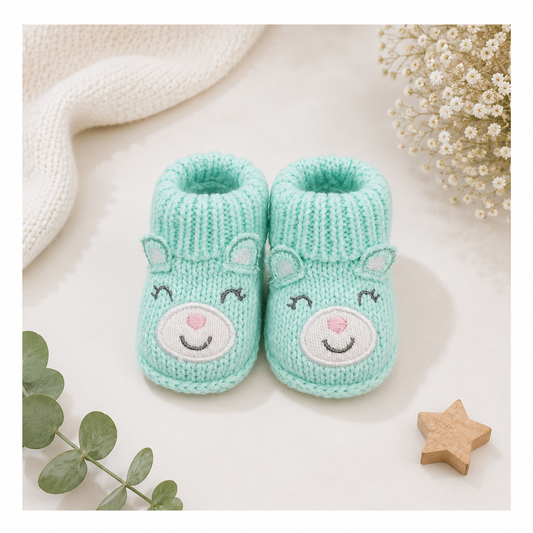 Smile Baby Newborn Knitted Booties for Babies – Soft Warm Winter Baby Socks Shoes with Cute Animal Face Design – Mint Green