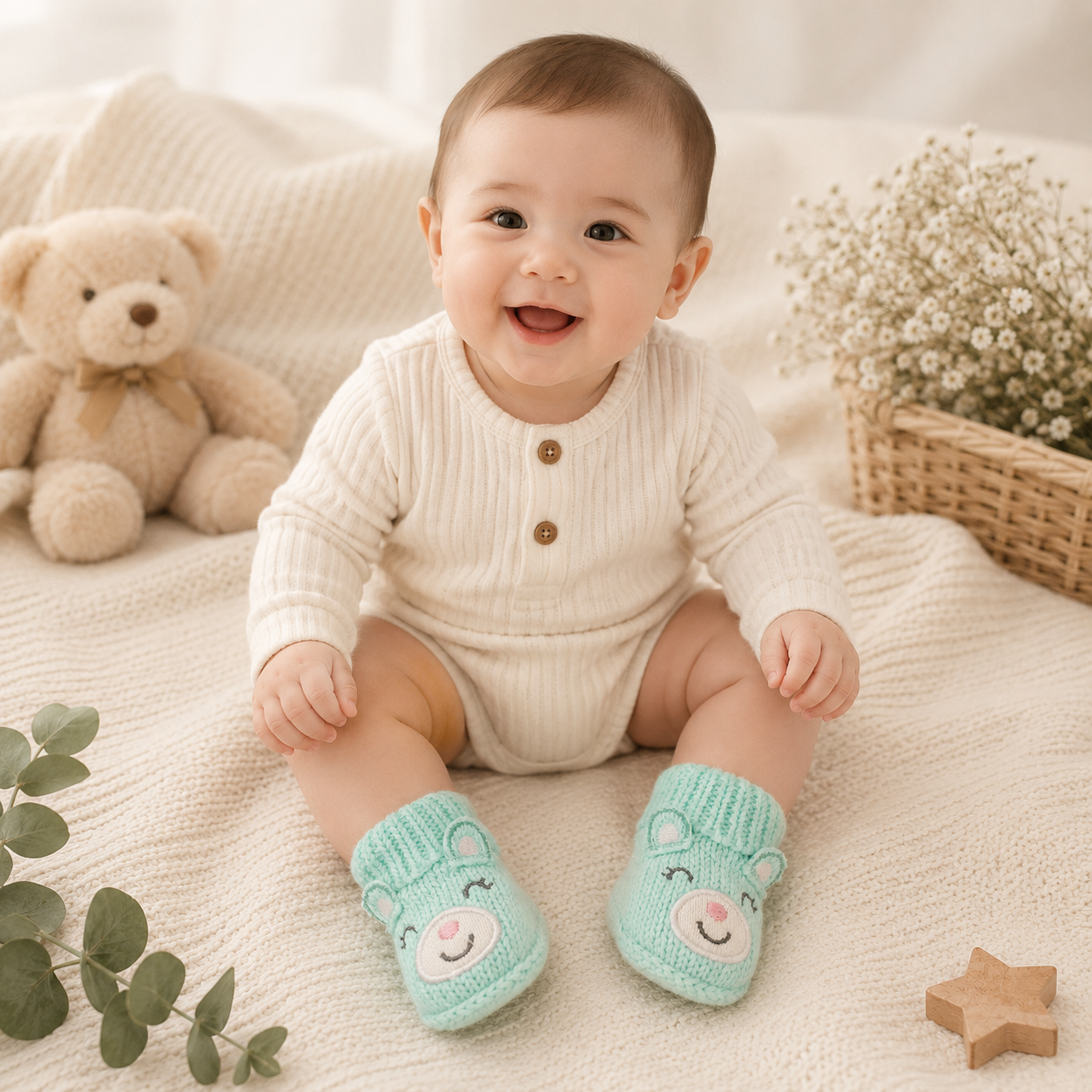Smile Baby Newborn Knitted Booties for Babies – Soft Warm Winter Baby Socks Shoes with Cute Animal Face Design – Mint Green