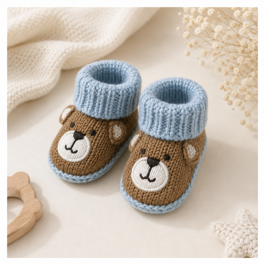 Smile Baby Newborn Baby Knitted Booties for Boys – Soft Warm Winter Socks Shoes with Cute Teddy Bear Design – Blue & Brown