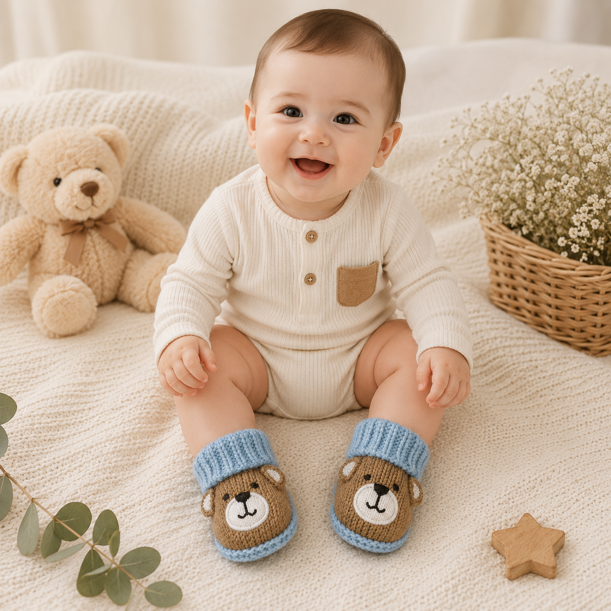 Smile Baby Newborn Baby Knitted Booties for Boys – Soft Warm Winter Socks Shoes with Cute Teddy Bear Design – Blue & Brown