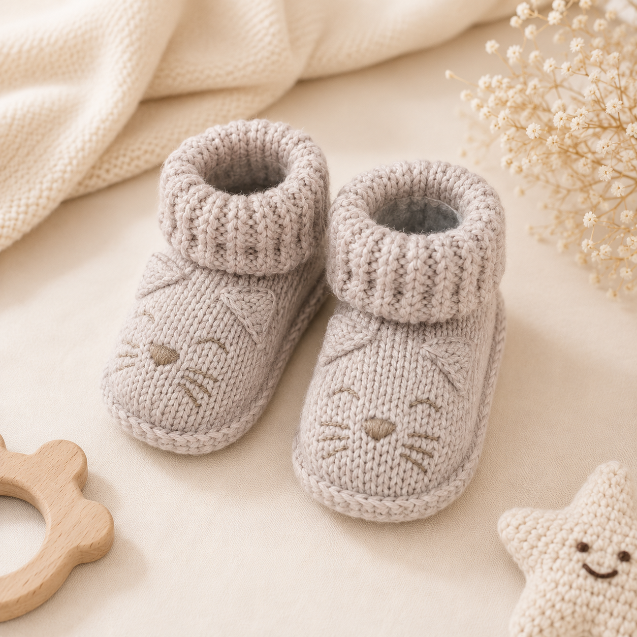 Smile Baby Newborn Knitted Cat Design Booties Socks for Babies | Soft Warm Anti-Slip Winter Baby Socks