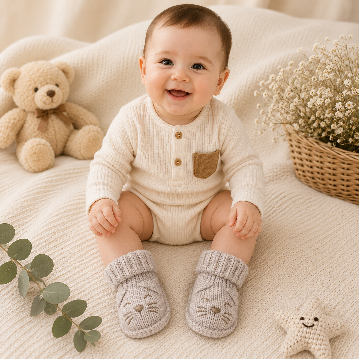 Smile Baby Newborn Knitted Cat Design Booties Socks for Babies | Soft Warm Anti-Slip Winter Baby Socks