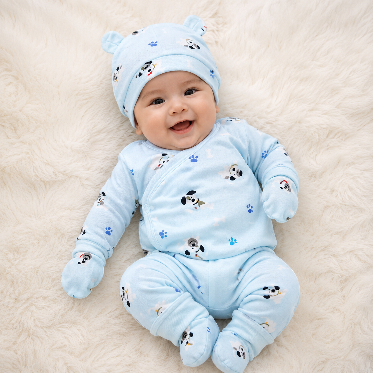 Smile Baby Newborn Baby Cap, Mittens & Booties Set | Soft Puppy Print Cotton Essentials Combo for Infants