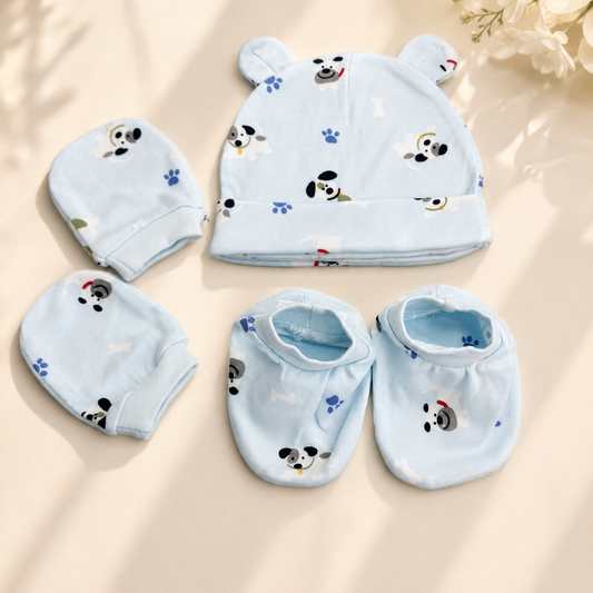 Smile Baby Newborn Baby Cap, Mittens & Booties Set | Soft Puppy Print Cotton Essentials Combo for Infants