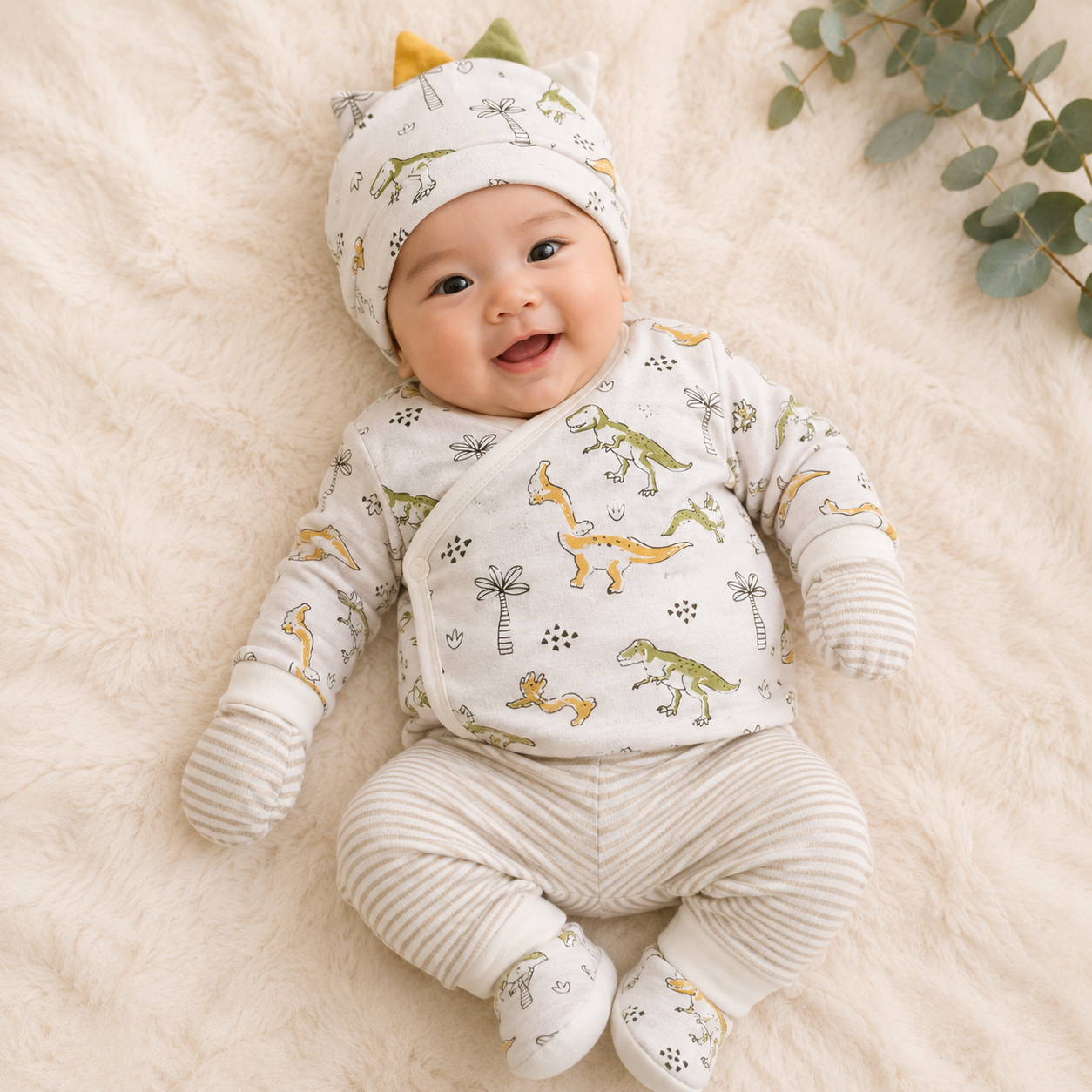 Smile Baby Newborn Dinosaur Cap, Mittens & Booties Set | Soft Cotton Baby Essential Combo for Infants