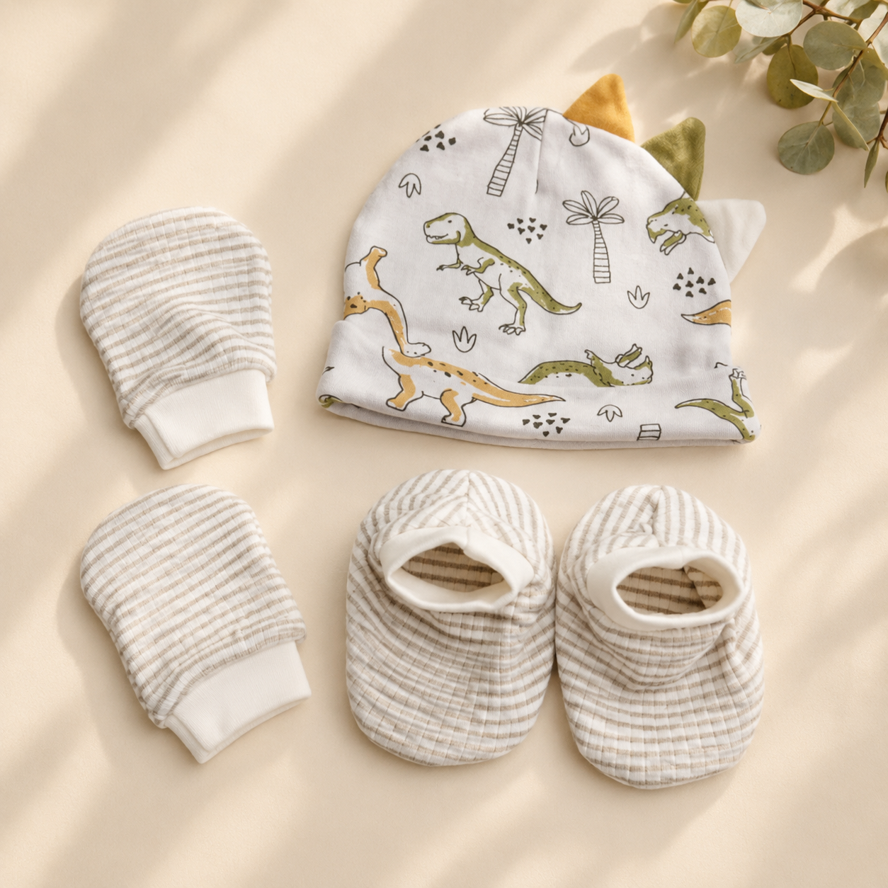 Smile Baby Newborn Dinosaur Cap, Mittens & Booties Set | Soft Cotton Baby Essential Combo for Infants